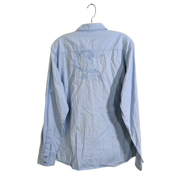 Guess Mens Button Up Shirt Large Light Blue Embroidered Back Long Sleeve Striped - Picture 2 of 5